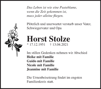 Traueranzeige von Horst Stolze von Märkische Oderzeitung