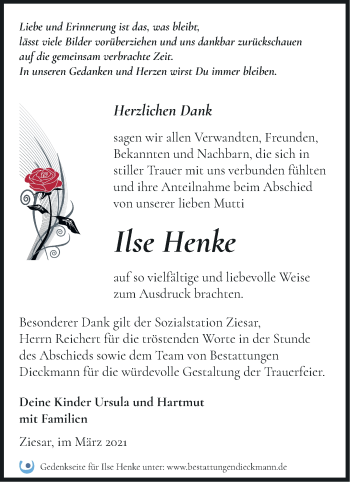 Traueranzeige von Ilse Henke von Märkische Oderzeitung