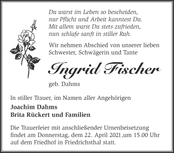 Traueranzeige von Ingrid Fischer von Märkische Oderzeitung