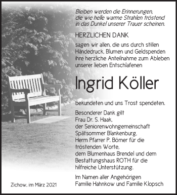 Traueranzeige von Ingrid Köller von Märkische Oderzeitung