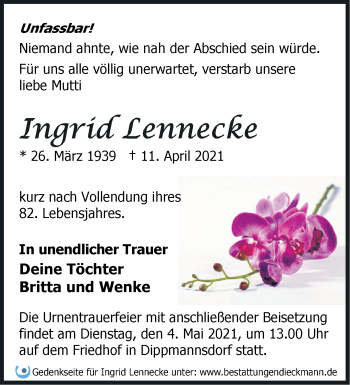 Traueranzeige von Ingrid Lennecke von Märkische Oderzeitung