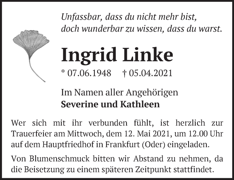 Traueranzeigen Von Ingrid Linke Märkische Onlinezeitung Trauerportal