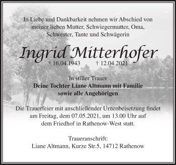 Traueranzeige von Ingrid Mitterhofer von Märkische Oderzeitung