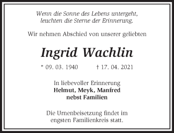 Traueranzeige von Ingrid Wachlin von Märkische Oderzeitung