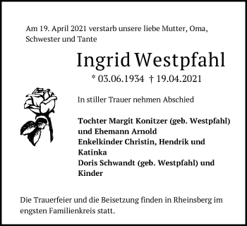 Traueranzeige von Ingrid Westpfahl von Märkische Oderzeitung