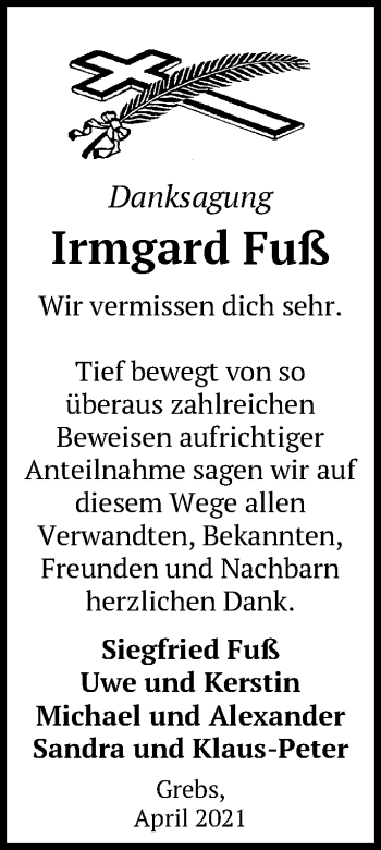 Traueranzeige von Irmgard Fuß von Märkische Oderzeitung