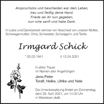 Traueranzeige von Irmgard Schick von Märkische Oderzeitung