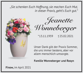 Traueranzeige von Jeanette Wonneberger von Märkische Oderzeitung