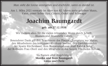 Traueranzeige von Joachim Baumgardt von Märkische Oderzeitung