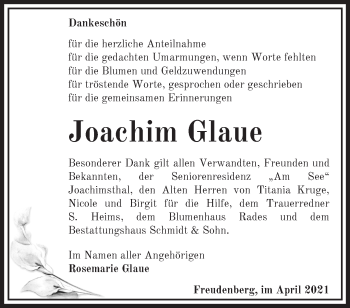 Traueranzeige von Joachim Glaue von Märkische Oderzeitung