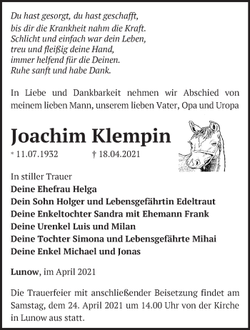 Traueranzeige von Joachim Klempin von Märkische Oderzeitung