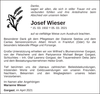 Traueranzeige von Josef Wieser von Märkische Oderzeitung