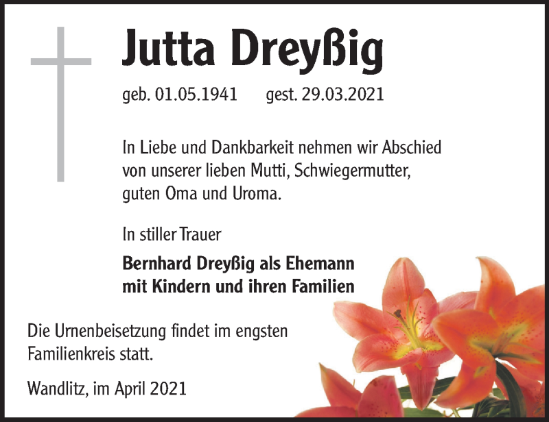  Traueranzeige für Jutta Dreyßig vom 07.04.2021 aus Märkische Oderzeitung
