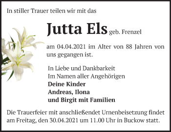 Traueranzeige von Jutta Els von Märkische Oderzeitung