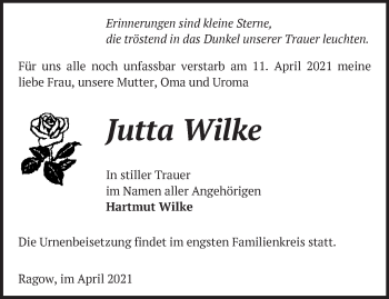 Traueranzeige von Jutta Wilke von Märkische Oderzeitung