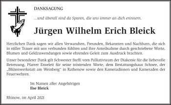 Traueranzeige von Jürgen Wilhelm Erich Bleick von Märkische Oderzeitung