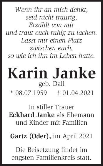 Traueranzeige von Karin Janke von Märkische Oderzeitung