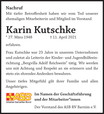 Traueranzeige von Karin Kutschke von Märkische Oderzeitung