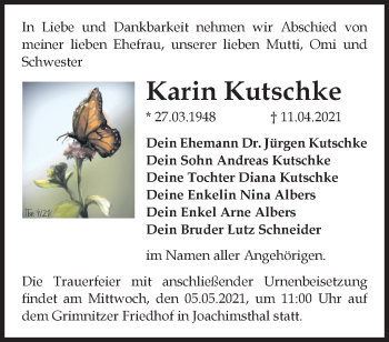 Traueranzeige von Karin Kutschke von Märkische Oderzeitung