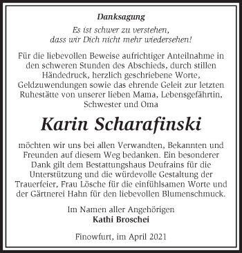 Traueranzeige von Karin Scharafinski von Märkische Oderzeitung