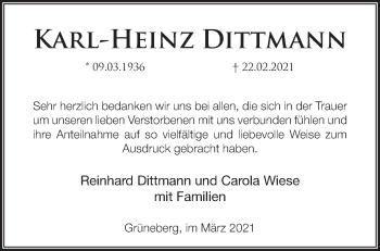 Traueranzeige von Karl-Heinz Dittmann von Märkische Oderzeitung