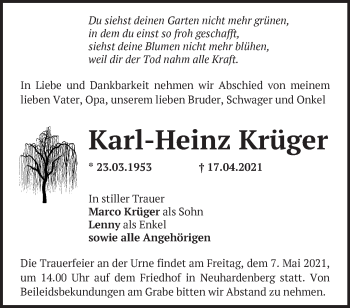 Traueranzeige von Karl-Heinz Krüger von Märkische Oderzeitung