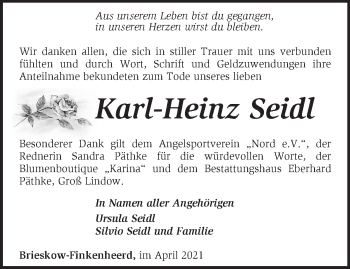 Traueranzeige von Karl-Heinz Seidl von Märkische Oderzeitung