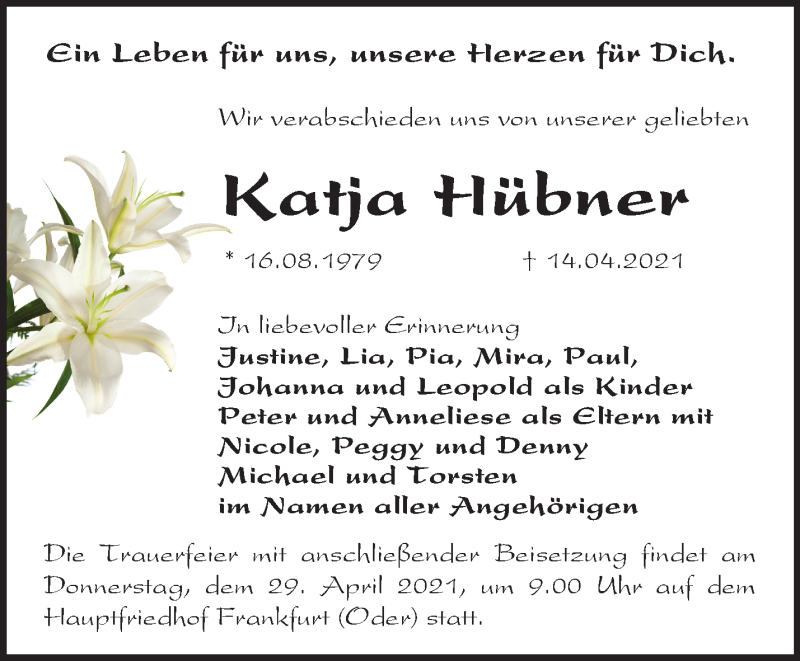  Traueranzeige für Katja Hübner vom 25.04.2021 aus Märkische Oderzeitung
