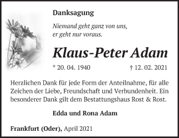 Traueranzeige von Klaus-Peter Adam von Märkische Oderzeitung