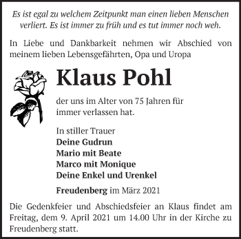 Traueranzeige von Klaus Pohl von Märkische Oderzeitung