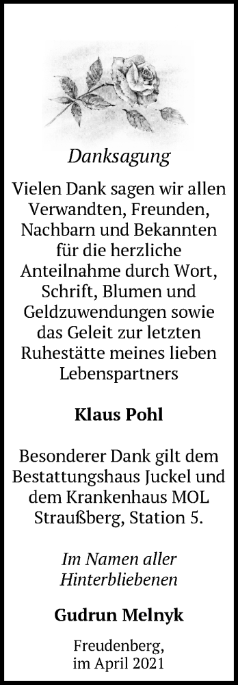 Traueranzeige von Klaus Pohl von Märkische Oderzeitung