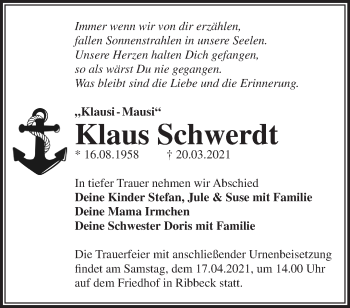 Traueranzeige von Klaus Schwerdt von Märkische Oderzeitung