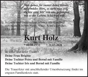 Traueranzeige von Kurt Holz von Märkische Oderzeitung