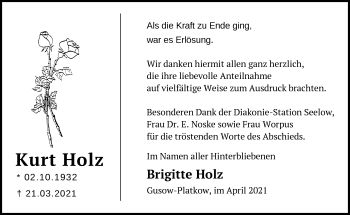 Traueranzeige von Kurt Holz von Märkische Oderzeitung