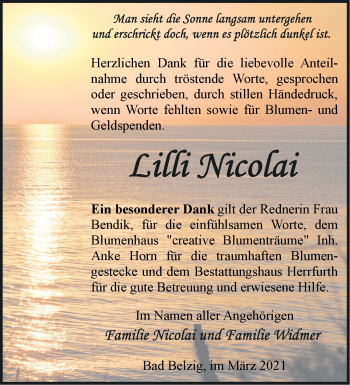 Traueranzeige von Lilli Nicolai von Märkische Oderzeitung