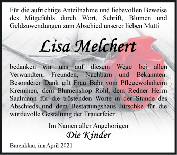 Traueranzeige von Lisa Melchert von Märkische Oderzeitung