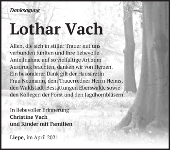 Traueranzeige von Lothar Vach von Märkische Oderzeitung