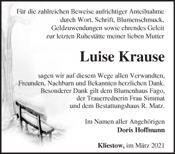 Traueranzeige von Luise Krause von Märkische Oderzeitung