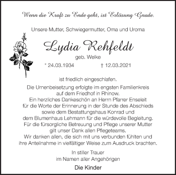 Traueranzeige von Lydia Rehfeldt von Märkische Oderzeitung