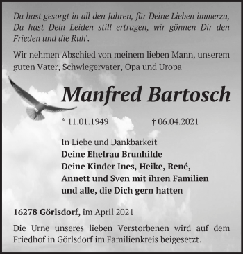 Traueranzeige von Manfred Bartosch von Märkische Oderzeitung