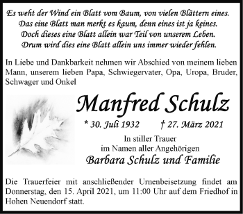 Traueranzeige von Manfred Schulz von Märkische Oderzeitung