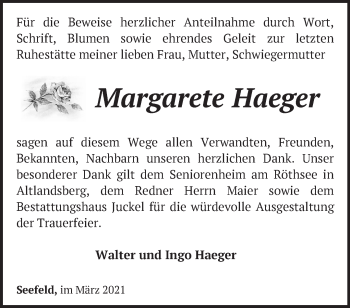 Traueranzeige von Margarete Haeger von Märkische Oderzeitung