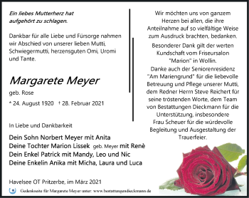 Traueranzeige von Margarete Meyer von Märkische Oderzeitung