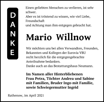 Traueranzeige von Mario Willnow von Märkische Oderzeitung
