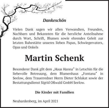 Traueranzeige von Martin Schenk von Märkische Oderzeitung