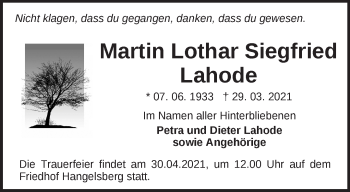 Traueranzeige von Martin Lothar Siegfried Lahode von Märkische Oderzeitung