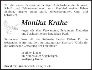 Traueranzeige von Monika Krahe von Märkische Oderzeitung