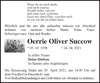 Traueranzeige von Oerrie Oliver Succow von Märkische Oderzeitung