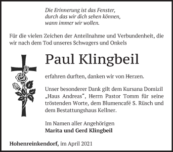 Traueranzeige von Paul Klingbeil von Märkische Oderzeitung