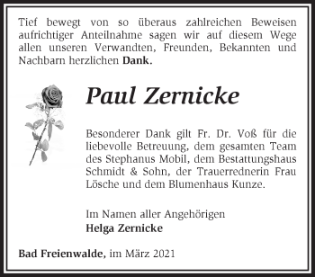 Traueranzeige von Paul Zernicke von Märkische Oderzeitung